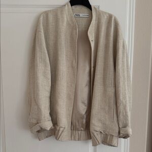 Zara Beige Linen-Blend Bomber Jacket